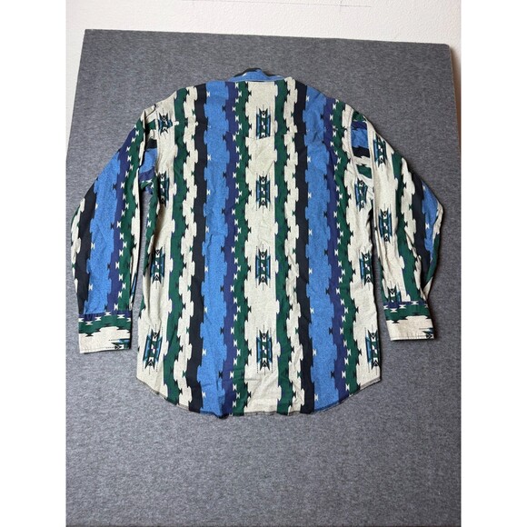Vtg Wrangler Denim Shirt Western Pearl Snap Rodeo Aztec Distressed Mens Large - Picture 7 of 8